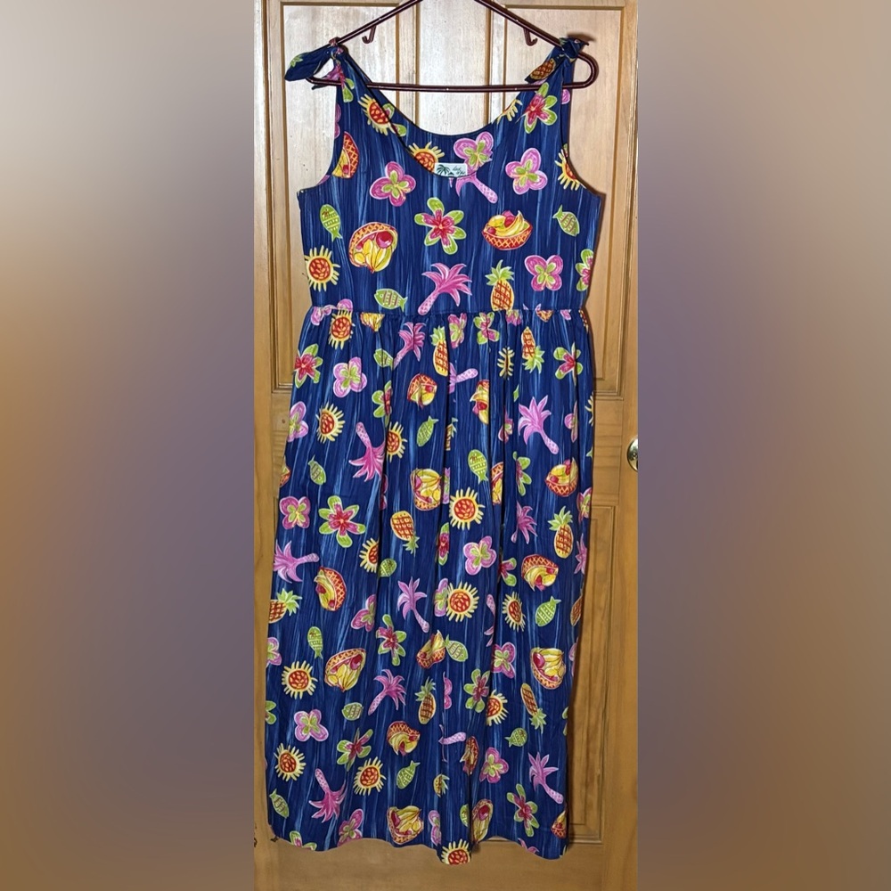 Dock Of The Bay Maxi Dress Tropical Novelty Print Art-to-wear Navy Sz SMALL